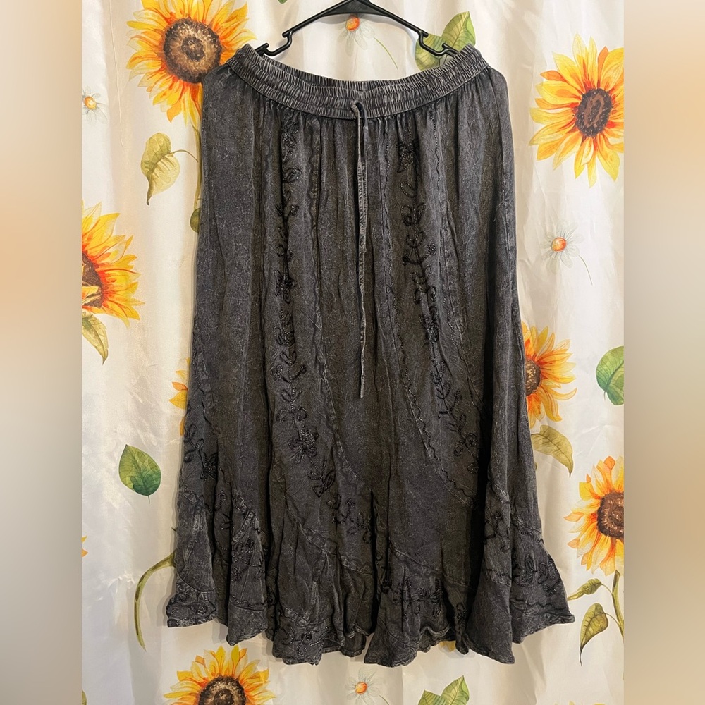 Embroidered Black Maxi Skirt with Drawstring Waist